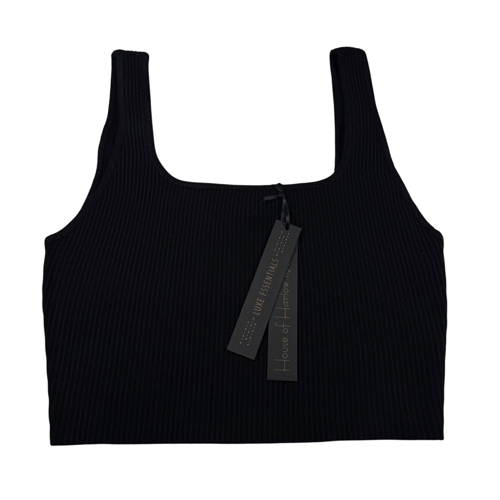 House of Harlow 1960 Luxe Essential Black Ribbed Square Neck Crop Top Medium NWT